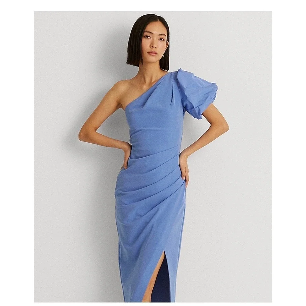NWT‎ Lauren Ralph Lauren One Shoulder Dress Women 18 Loch Blue Crepe Cocktail
